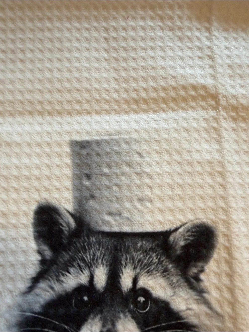 Raccoon with toilet paper on head  Waffle Weave Towel - Home Bath